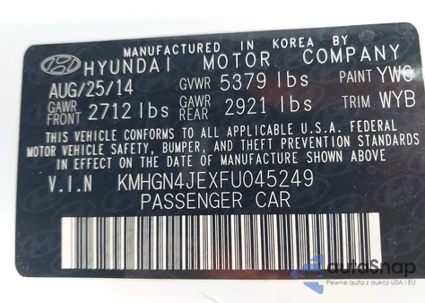 2015 Hyundai Genesis 3.8 from USA, damaged, VIN KMHGN4JEXFU045249